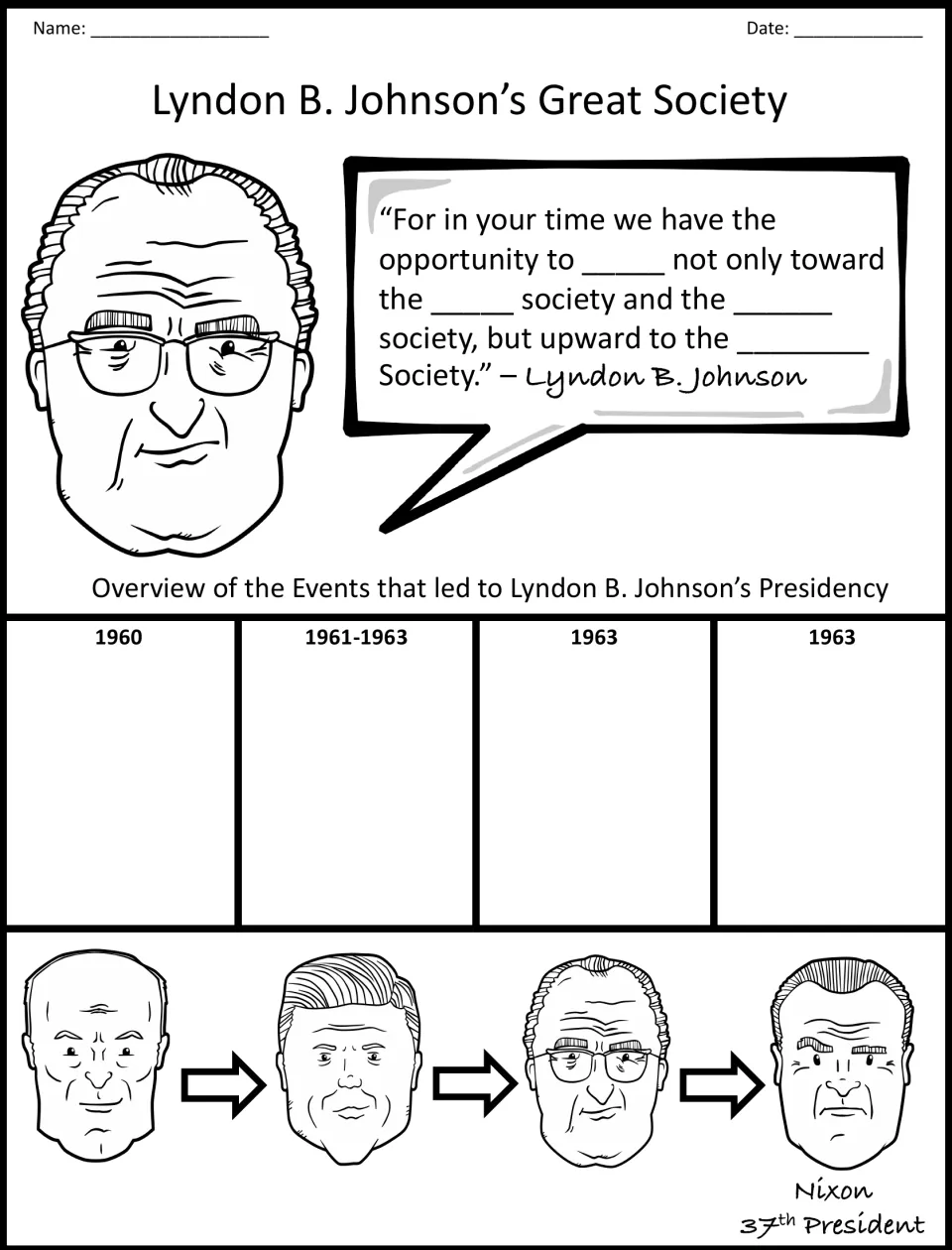Johnson's rise to the presidency: students complete his Great Society quote and summarize 1960-1963 events on a timeline