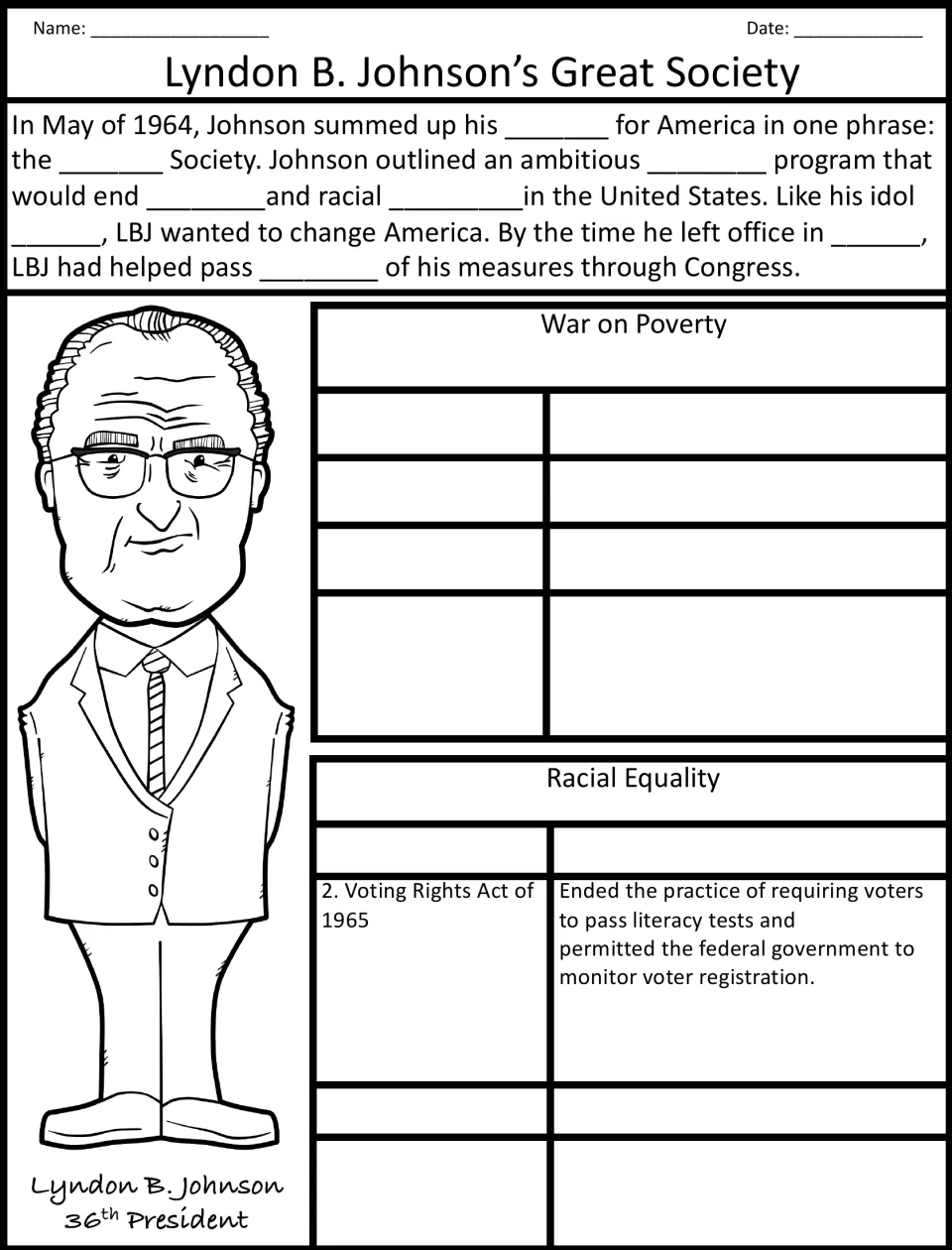 Great Society laws: students fill blanks in a summary, then list War on Poverty and Racial Equality acts and their effects