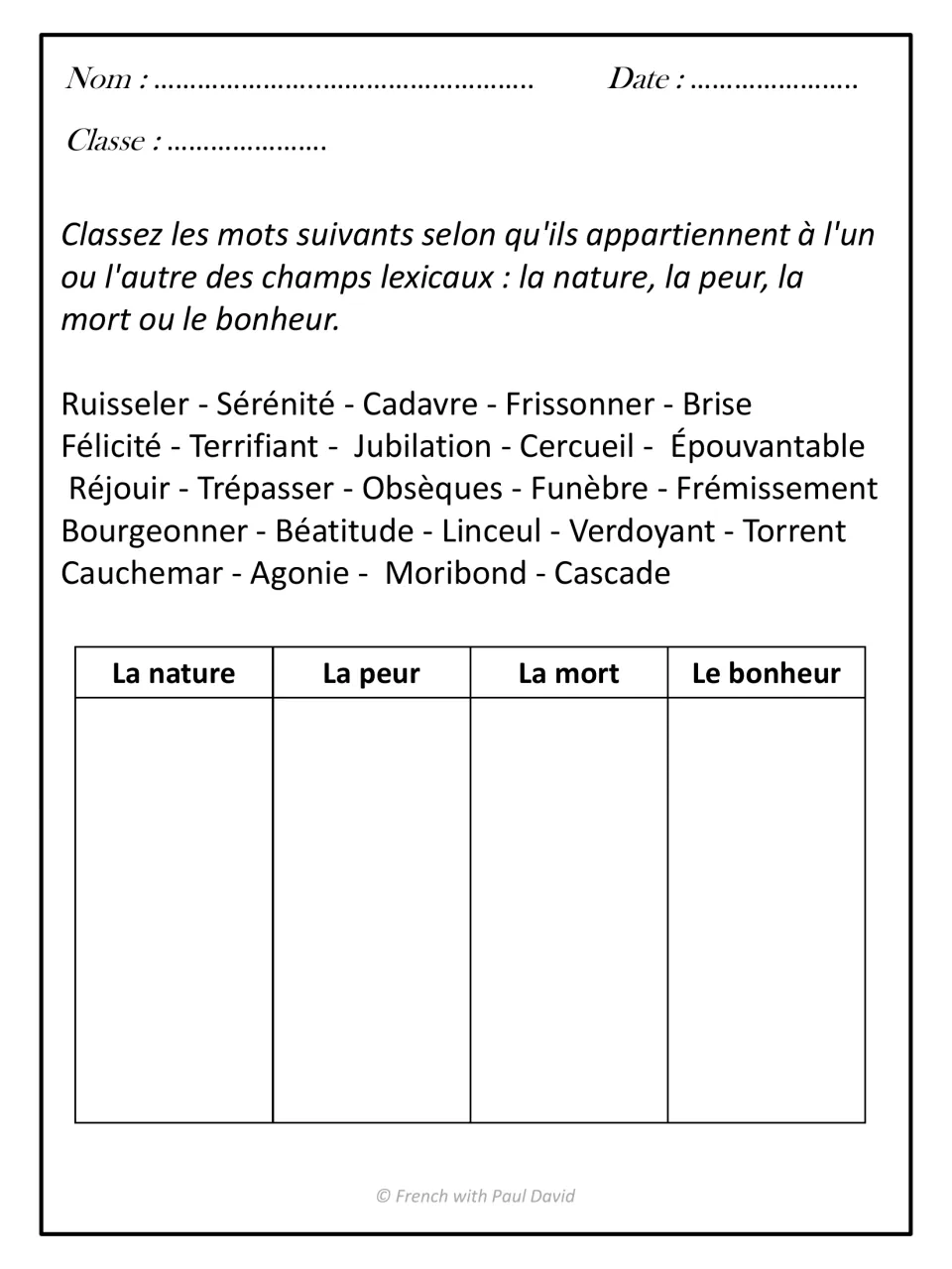French lexical fields sort: students classify 24 words such as cadavre and félicité under nature, fear, death or happiness