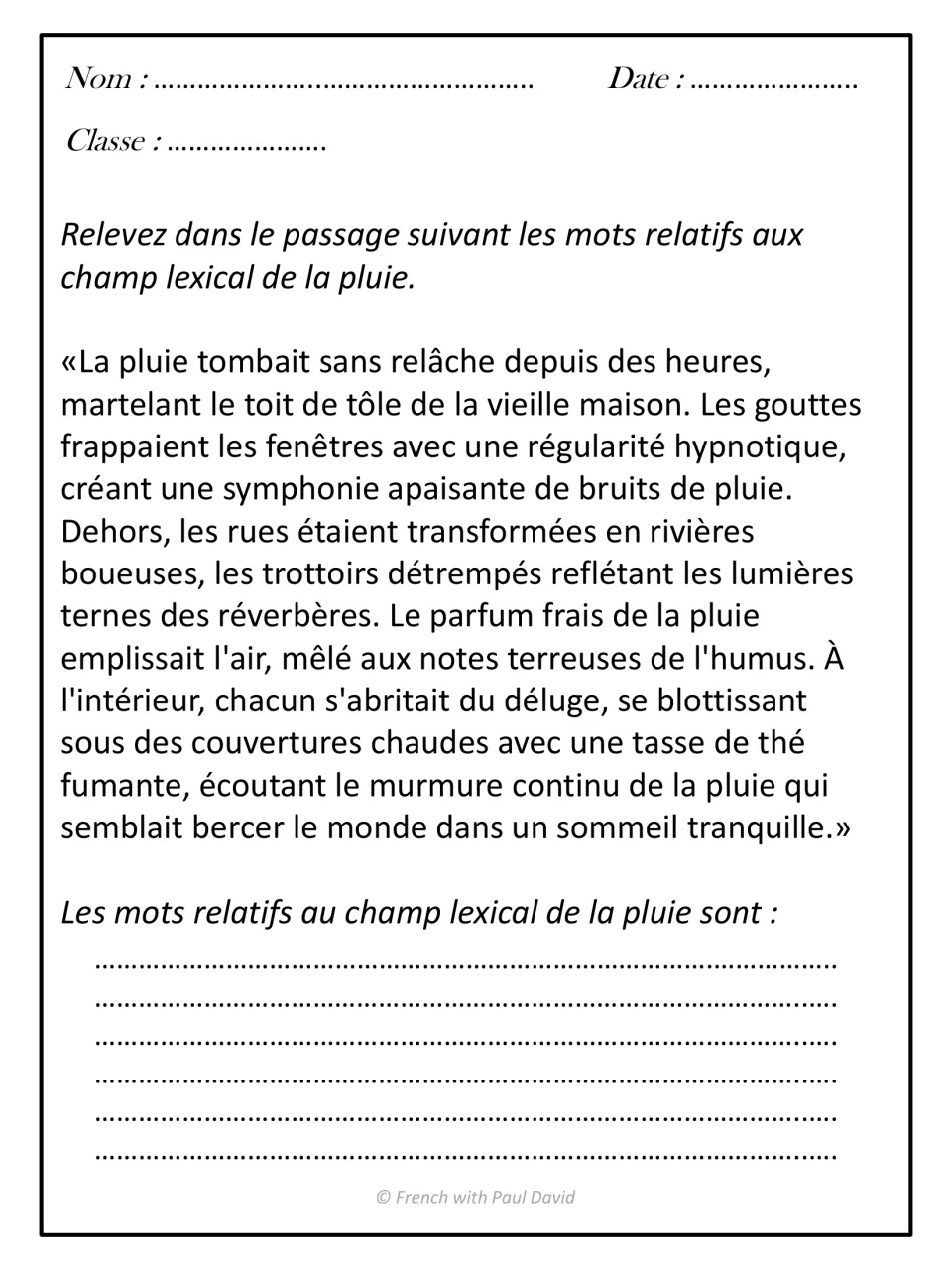 Rain vocabulary hunt: students read a French passage about a rainy day and list the words in the lexical field of rain