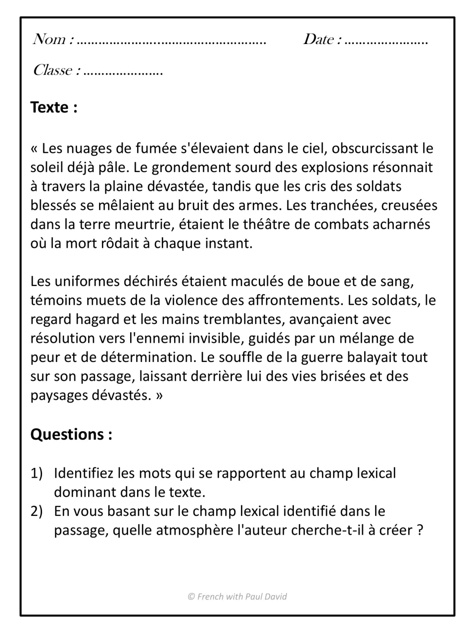 War passage analysis in French: students find words in the dominant lexical field and explain the author's intended mood