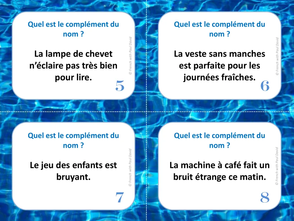 French noun complement task cards 5–8: sentences about a bedside lamp, sleeveless vest, play, and coffee machine