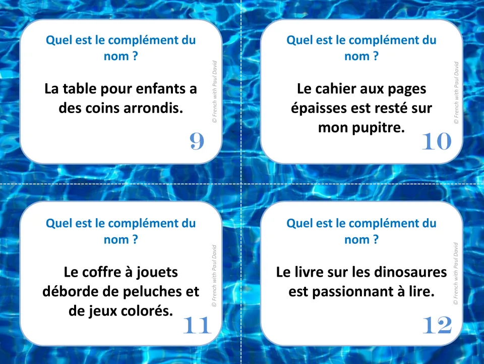 French noun complement task cards 9–12: sentences about a children's table, notebook, toy chest, and dinosaur book