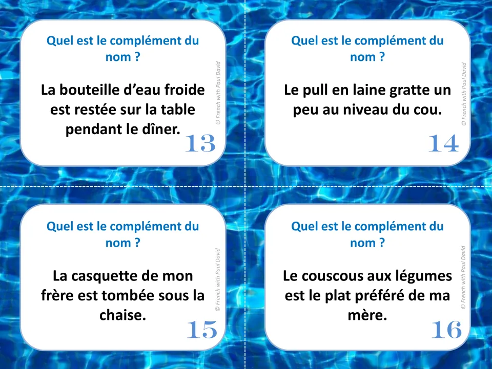 French noun complement task cards 13–16: sentences about a water bottle, wool sweater, cap, and vegetable couscous