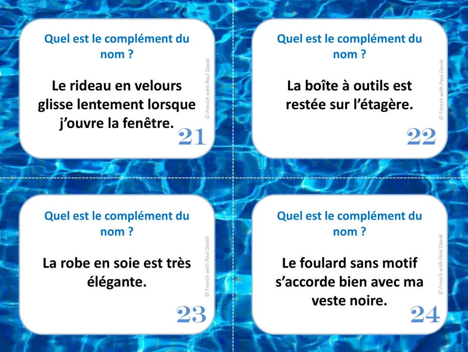 French noun complement task cards 21–24: sentences about a velvet curtain, toolbox, silk dress, and plain scarf
