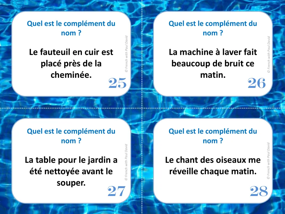 French noun complement task cards 25–28: sentences about a leather armchair, washing machine, table, and birdsong