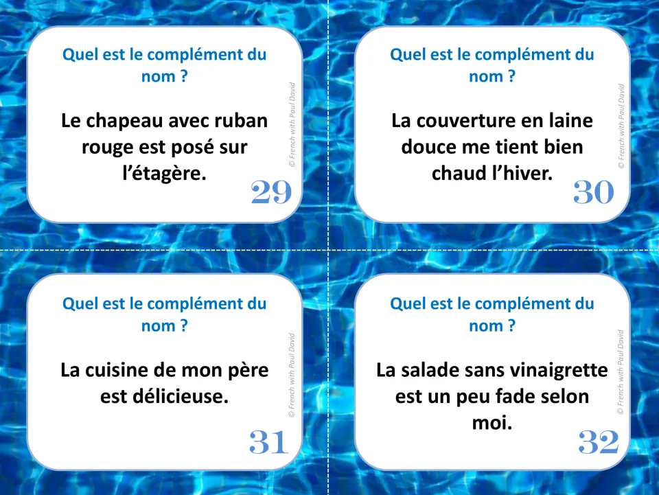 French noun complement task cards 29–32: sentences about a ribboned hat, wool blanket, cooking, and undressed salad
