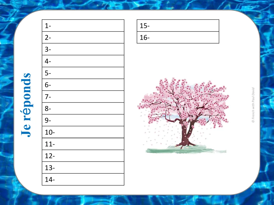Student response sheet for French noun complement cards 1–16, headed “Je réponds” (I answer), with blank entries
