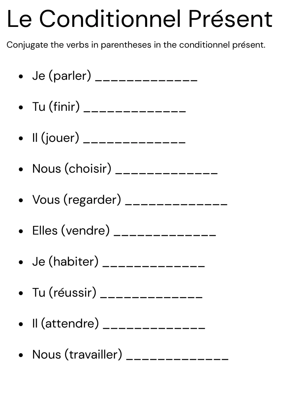 French conditionnel présent: students conjugate 10 regular -er, -ir and -re verbs such as parler, finir and vendre