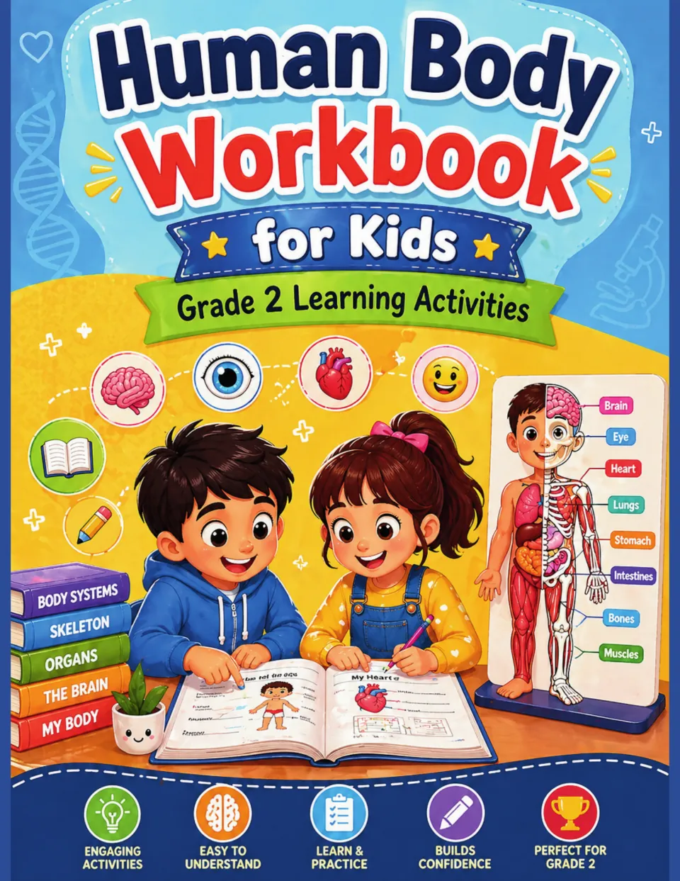 Human-body workbook cover identifies Grade 2 learning activities and shows a labeled anatomy illustration.