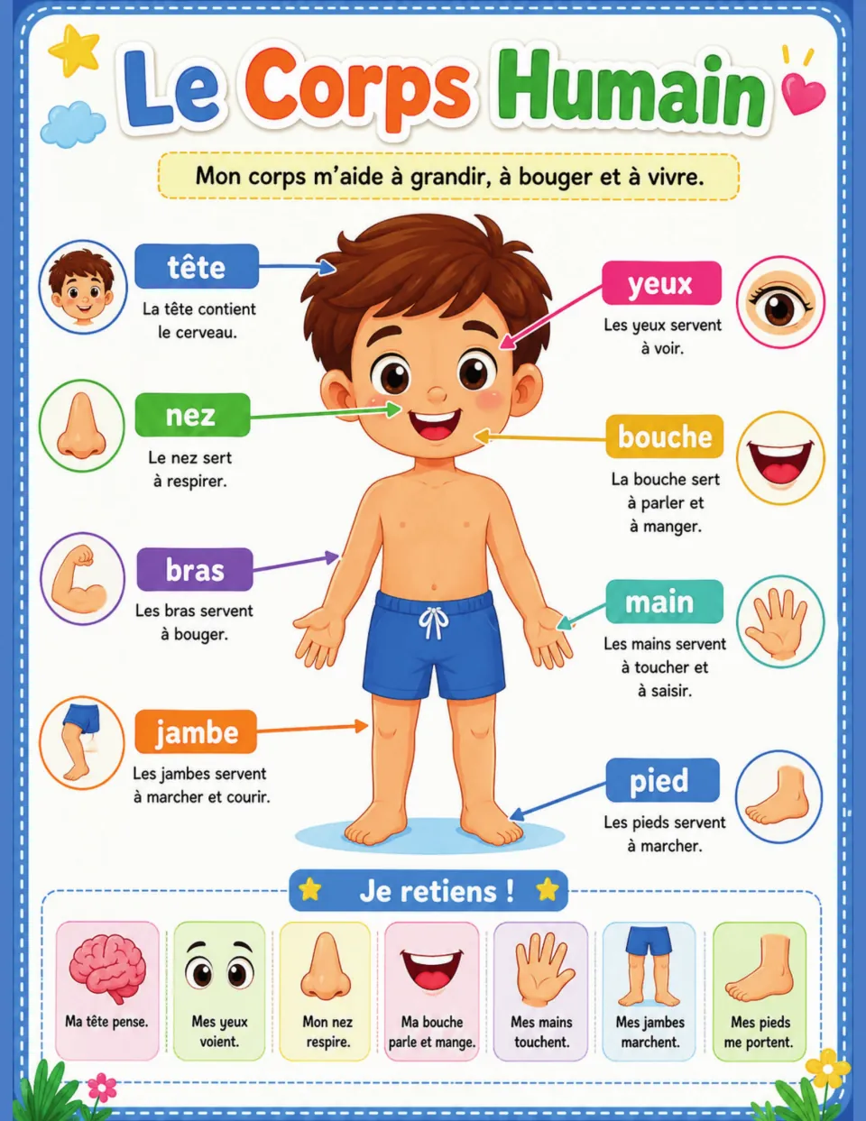 French body vocabulary lesson labels tête (head), yeux (eyes), nez (nose), and five more parts with functions.
