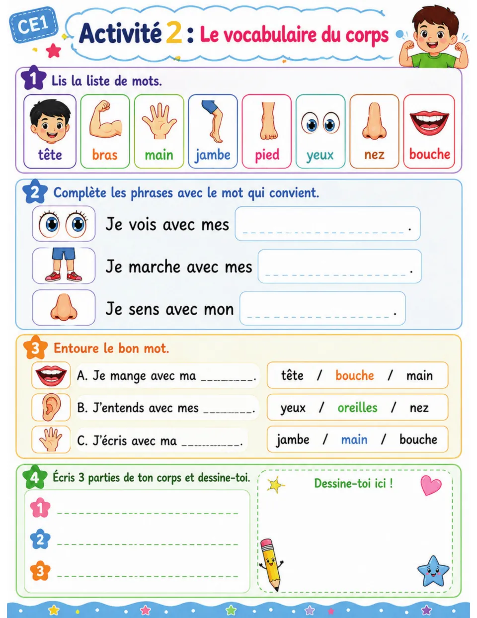 Body vocabulary activity uses tête (head) and seven more words in sentence completion, choices, and drawing.