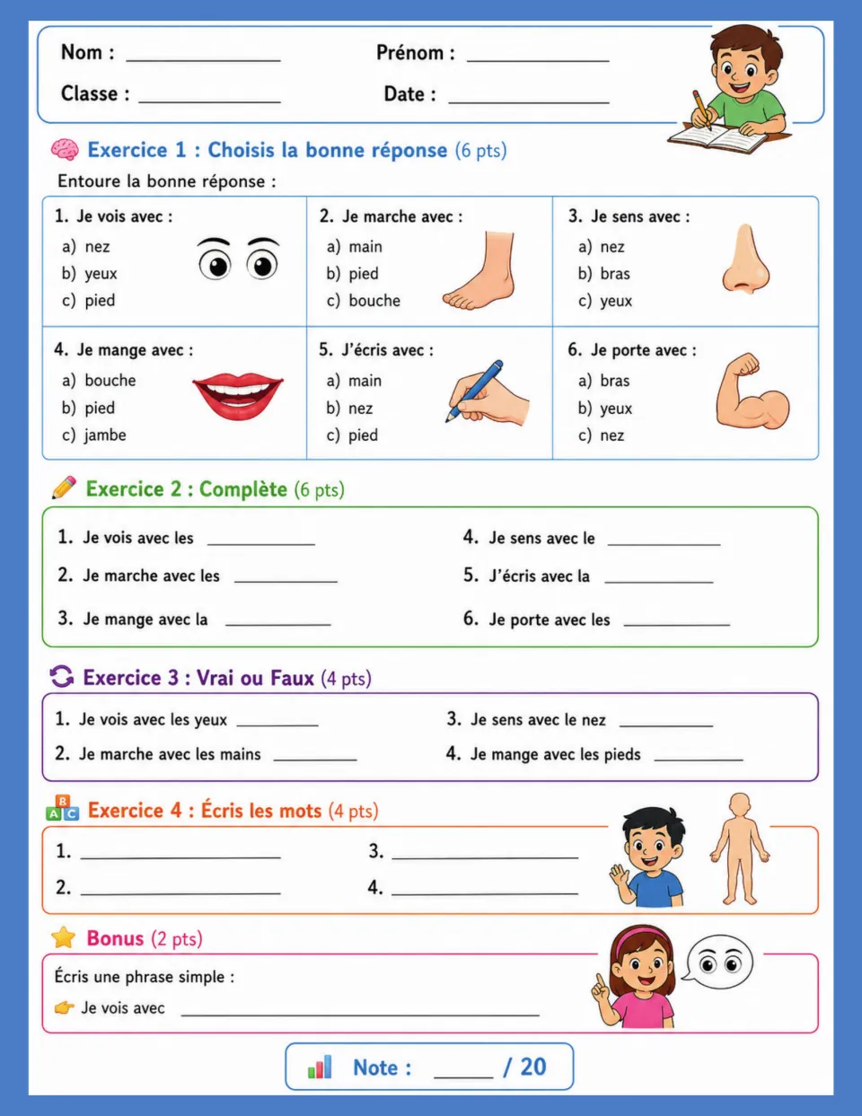 Illustrated body-parts test combines six multiple-choice questions, sentence blanks, true or false, and writing.