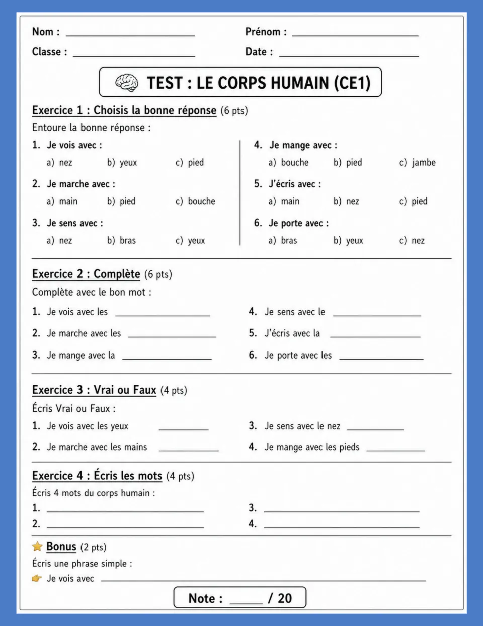 Body-parts test asks for multiple-choice answers, sentence completion, true or false, and four French body words.