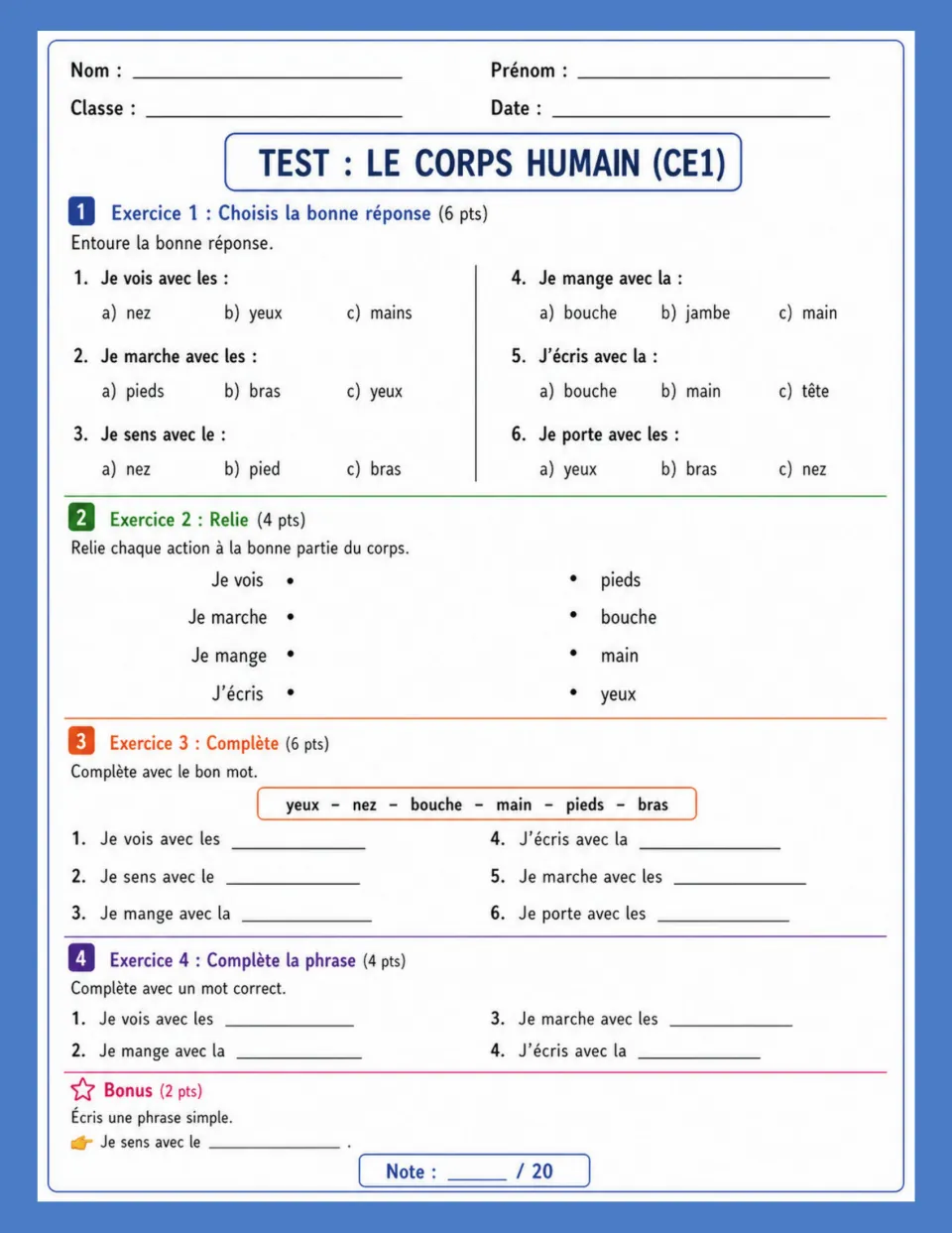 Body-parts test matches actions to pieds (feet), bouche (mouth), main (hand), and yeux (eyes), plus sentence tasks.