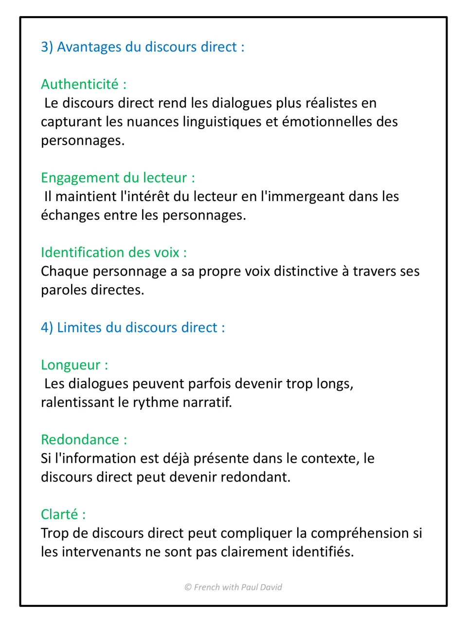 Advantages and limits of direct speech in French: authenticity, reader engagement and voices versus length and redundancy
