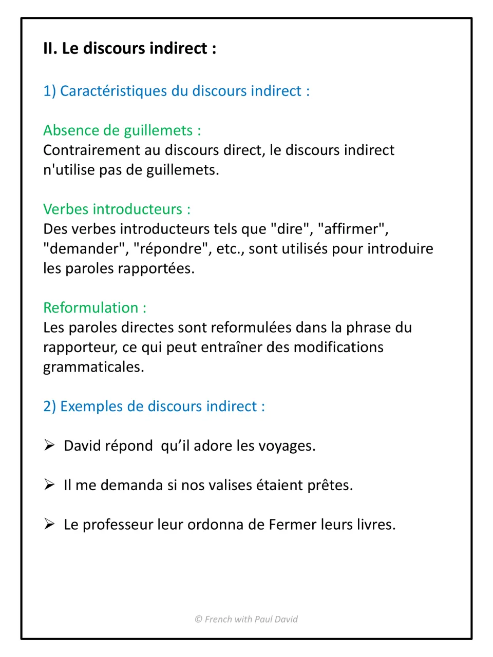 Indirect speech features in French: no quotation marks, introducing verbs like dire and demander, three rewritten examples