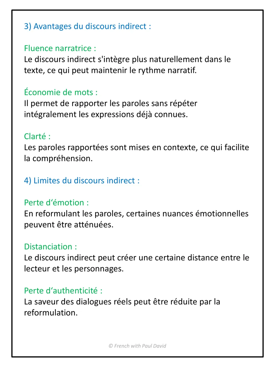 Advantages and limits of indirect speech: narrative flow, word economy and clarity versus lost emotion and distance