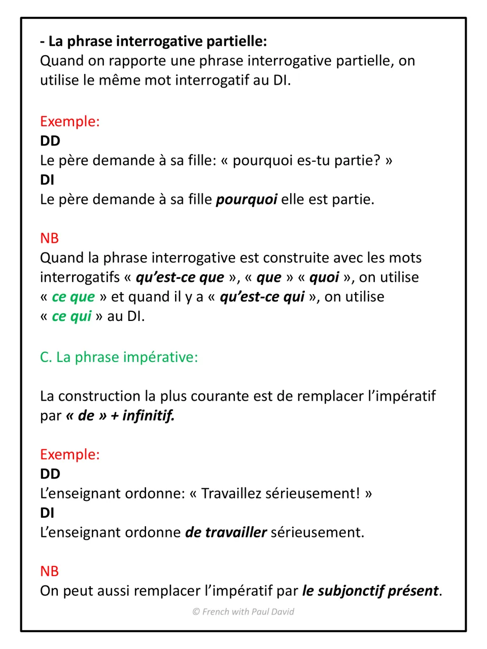 Reporting open questions and commands in French: keep the question word, use ce que or ce qui, and de plus infinitive