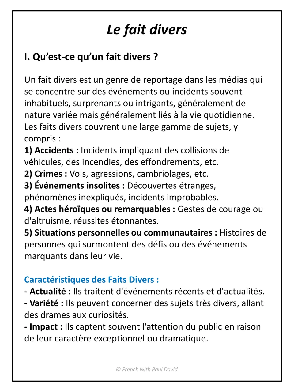 French news-report lesson: defines fait divers and covers accidents, crimes, unusual events, and heroic acts