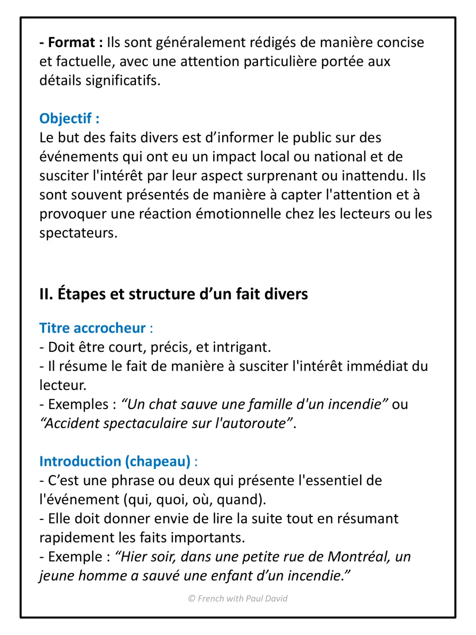French news-report lesson: explains purpose, concise format, catchy headlines, and the introduction