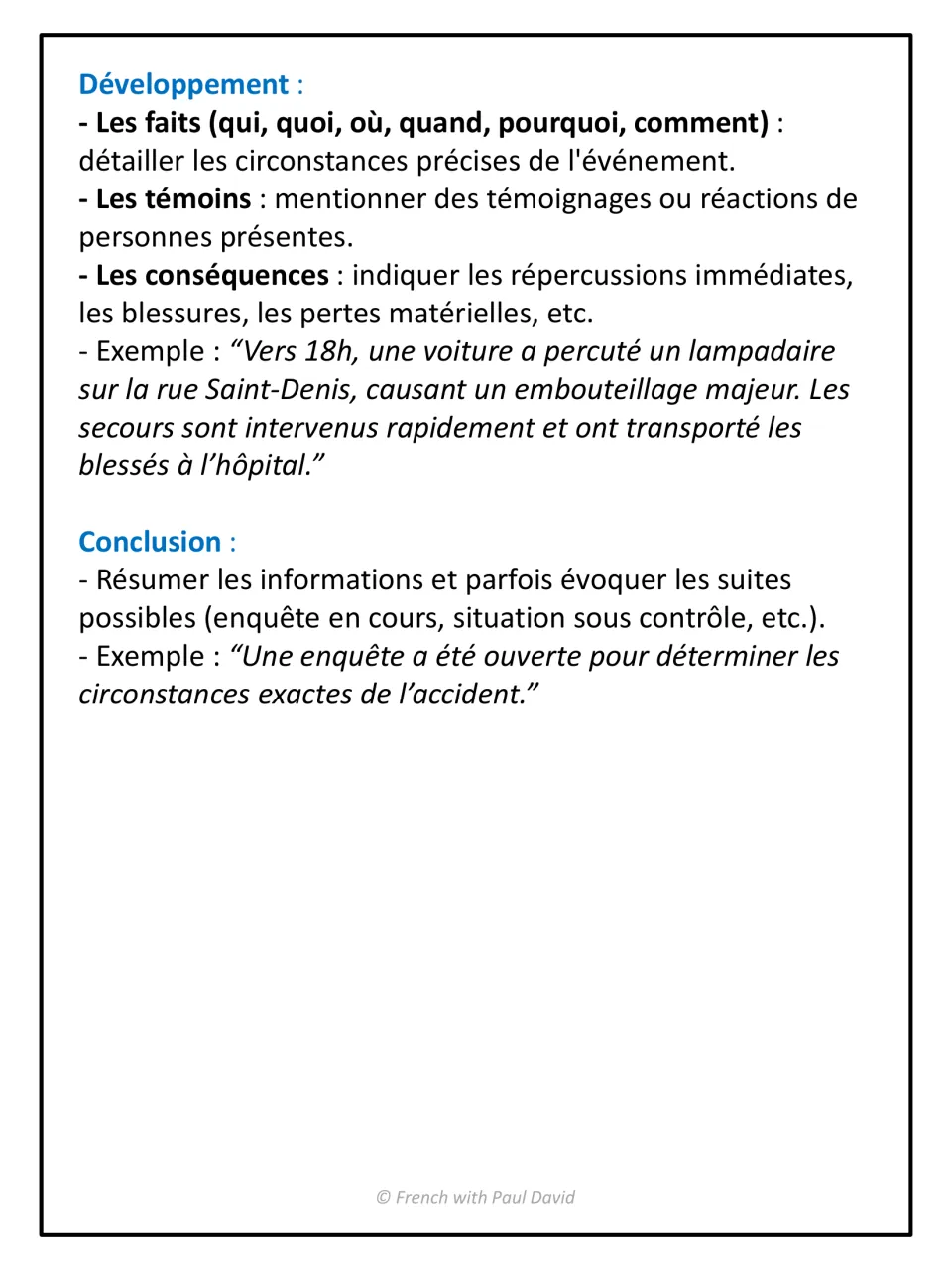 French news-report lesson: developing facts, witness accounts, and consequences, then writing a conclusion