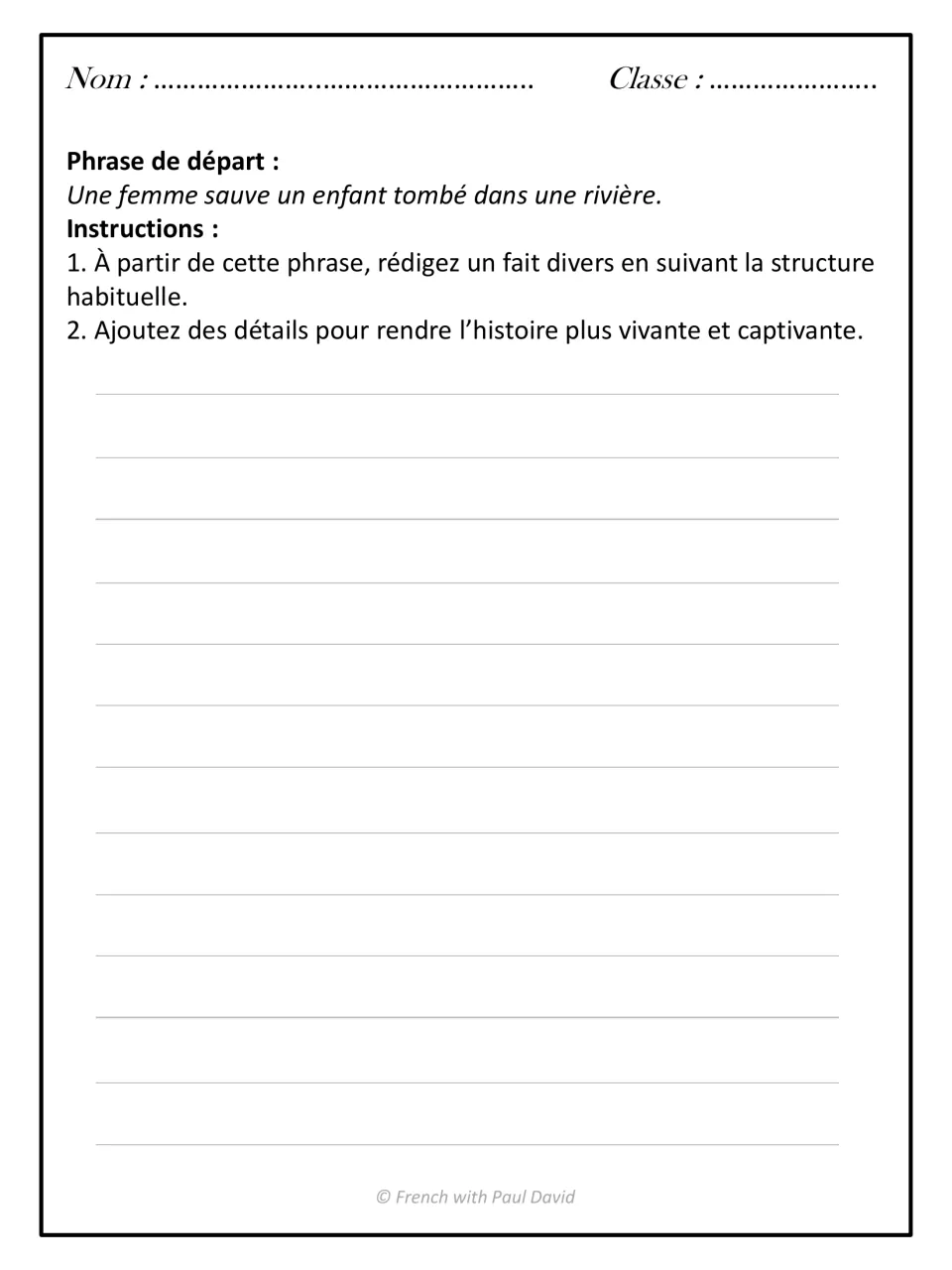 French report-writing exercise: expand a sentence about a woman saving a child who fell into a river