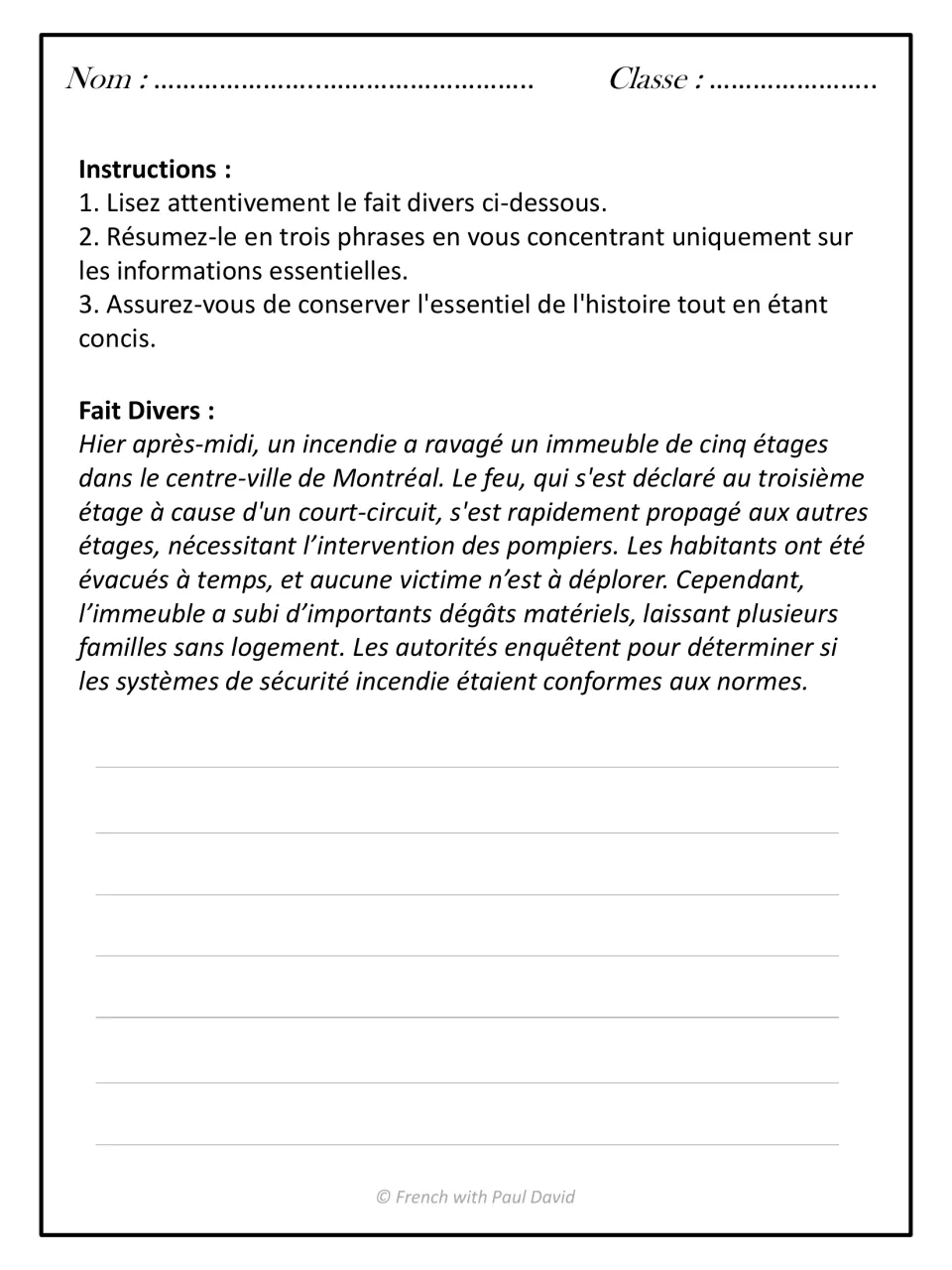 French summary exercise: condense a report about a Montreal apartment fire into three essential sentences