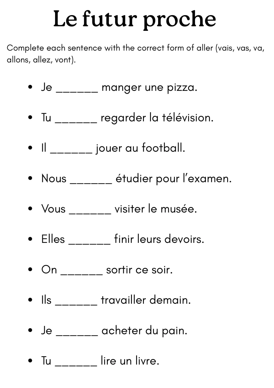 Le futur proche with aller: students fill in vais, vas, va, allons, allez or vont to complete 10 French sentences