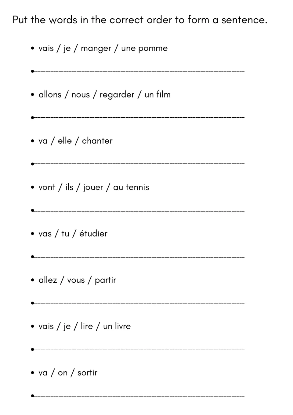 Sentence building in the near future: students unscramble 8 word sets such as vais / je / manger / une pomme