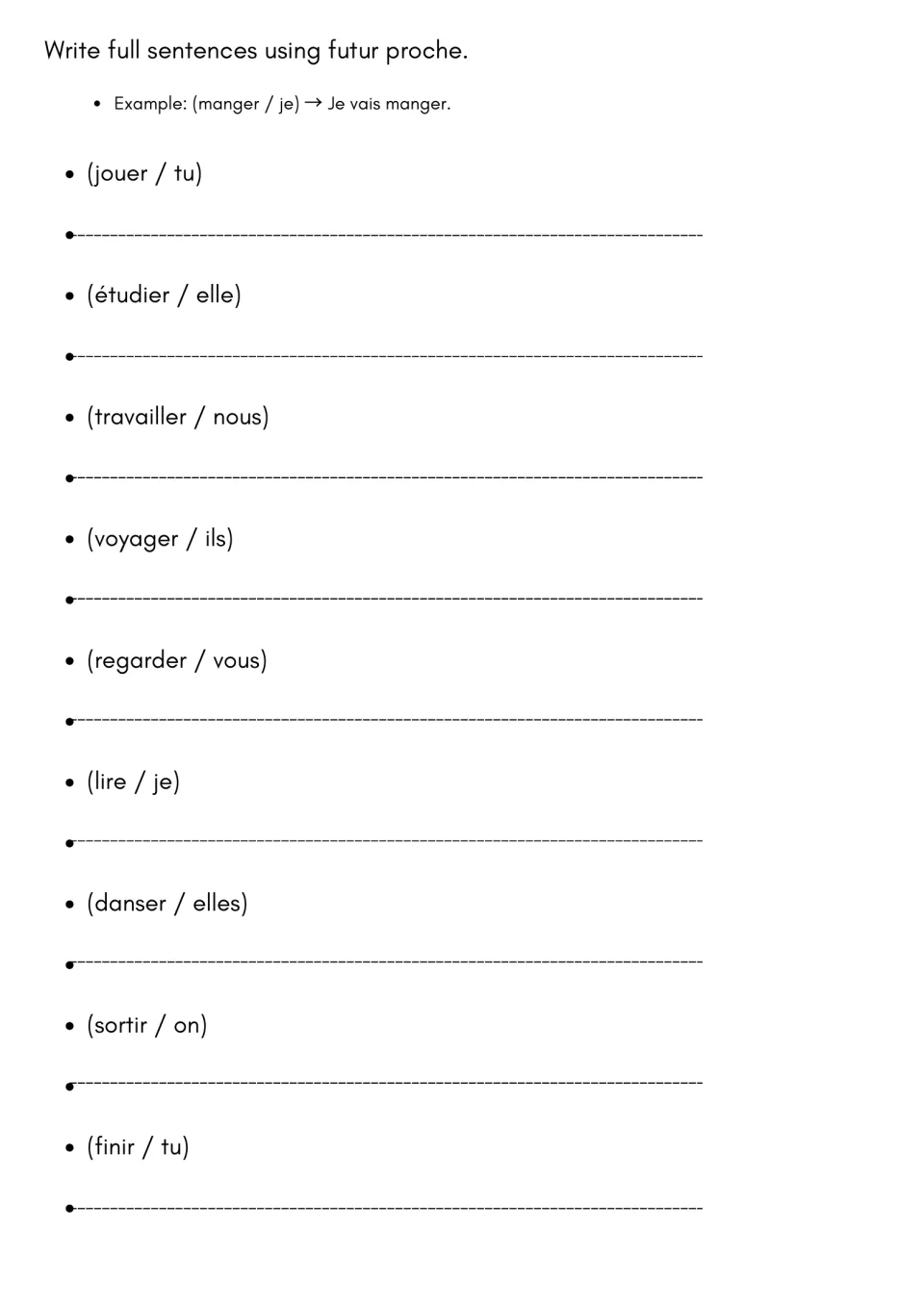Writing futur proche sentences: students turn 9 verb and subject prompts like (jouer / tu) into full sentences