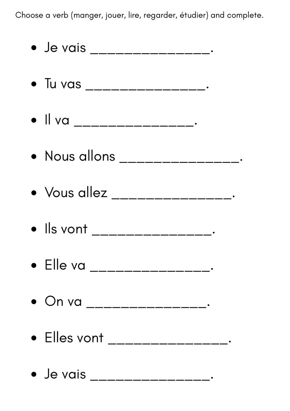 Completing near-future sentences: students add manger, jouer, lire, regarder or étudier after 10 aller forms