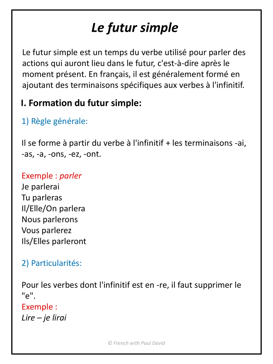 French future tense formation: infinitive plus -ai, -as, -a, -ons, -ez, -ont, shown with parler and the -re rule (lire)