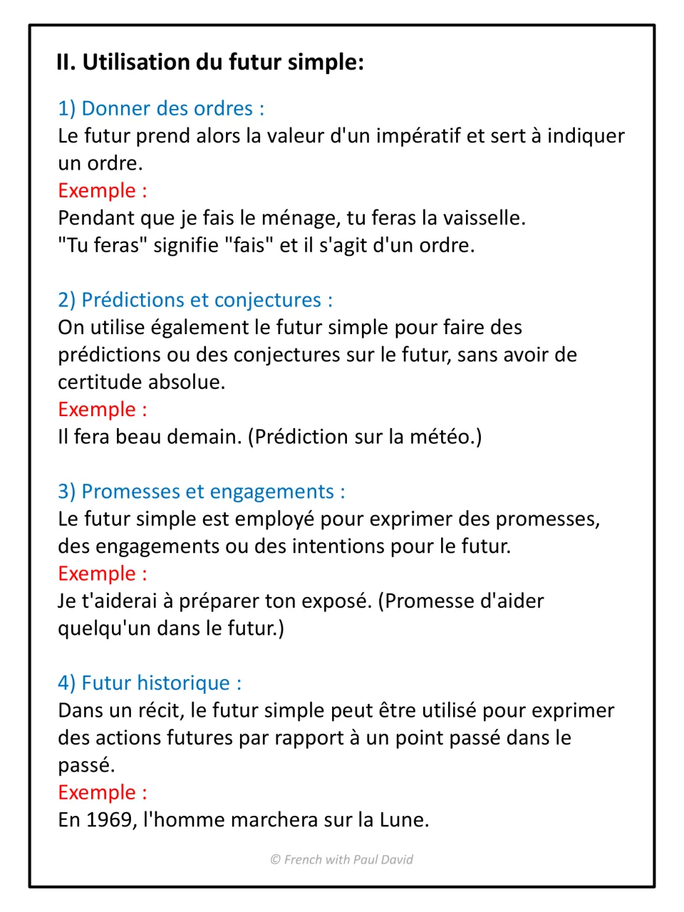 Uses of the French future: orders, predictions, promises and the historical future, each with an example sentence