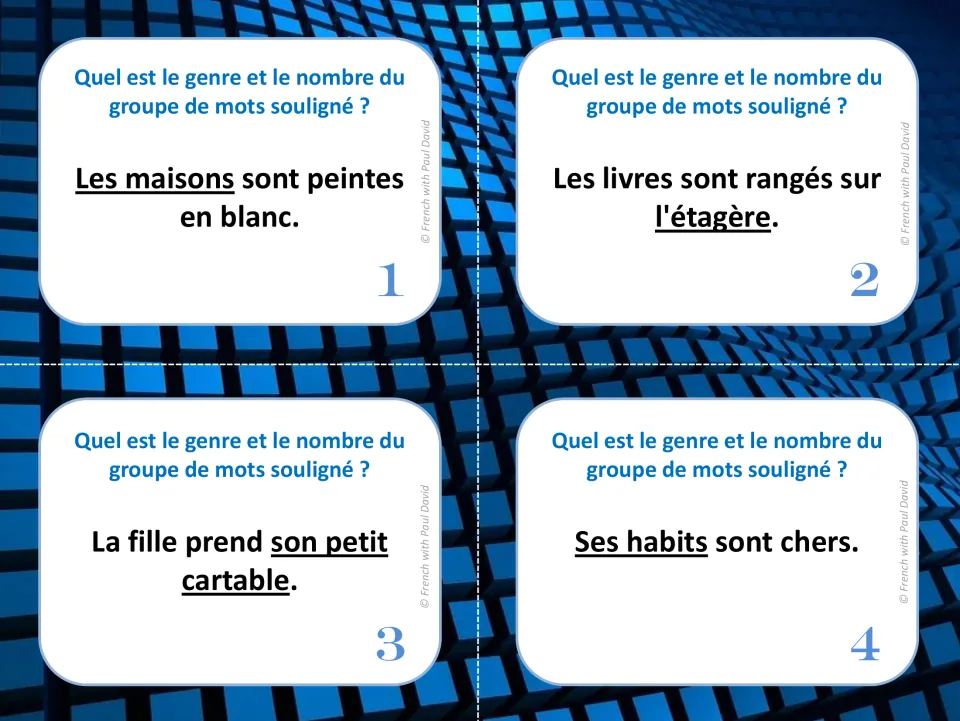 French grammar cards 1–4: identify gender and number in phrases including Les maisons (the houses).
