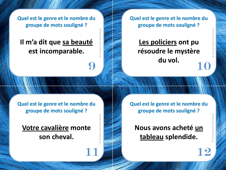 French grammar cards 9–12: identify gender and number in phrases including un tableau (a painting).