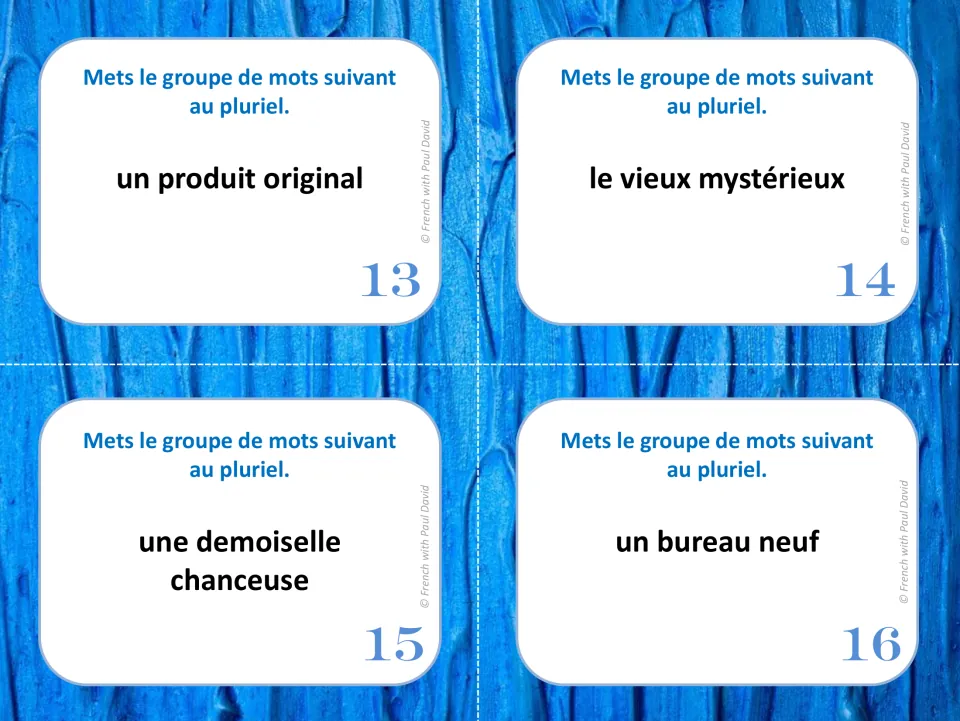 French grammar cards 13–16: make phrases plural, including un produit original (an original product).