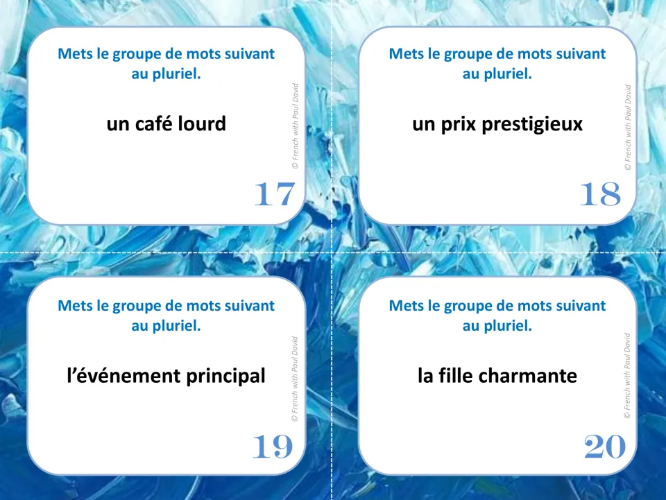 French grammar cards 17–20: make phrases plural, including un prix prestigieux (a prestigious prize).