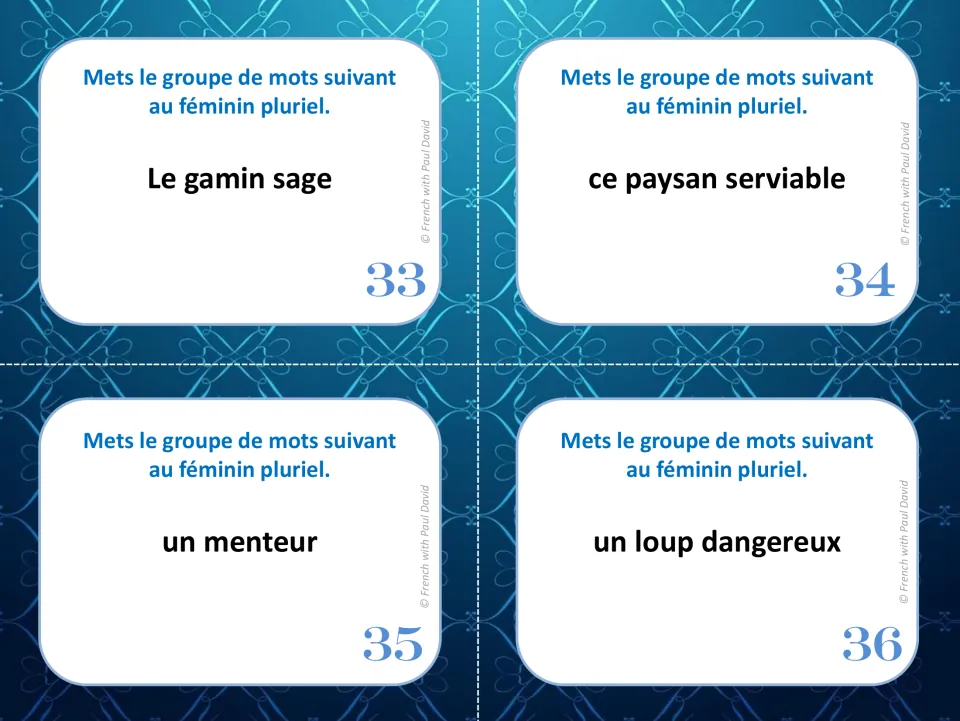 French grammar cards 33–36: make phrases feminine plural, including un loup dangereux (a dangerous wolf).