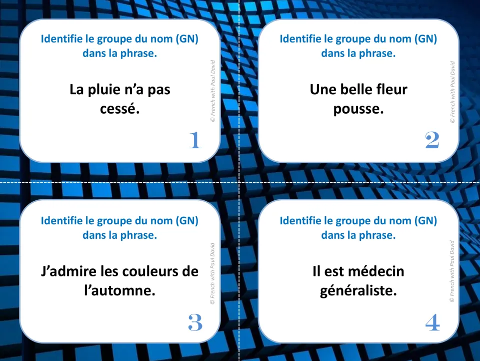 French noun-group task cards 1–4: sentences about rain, a beautiful flower, fall colors, and a doctor.