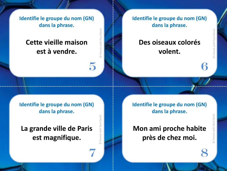 French noun-group task cards 5–8: sentences about an old house, colorful birds, Paris, and a close friend.