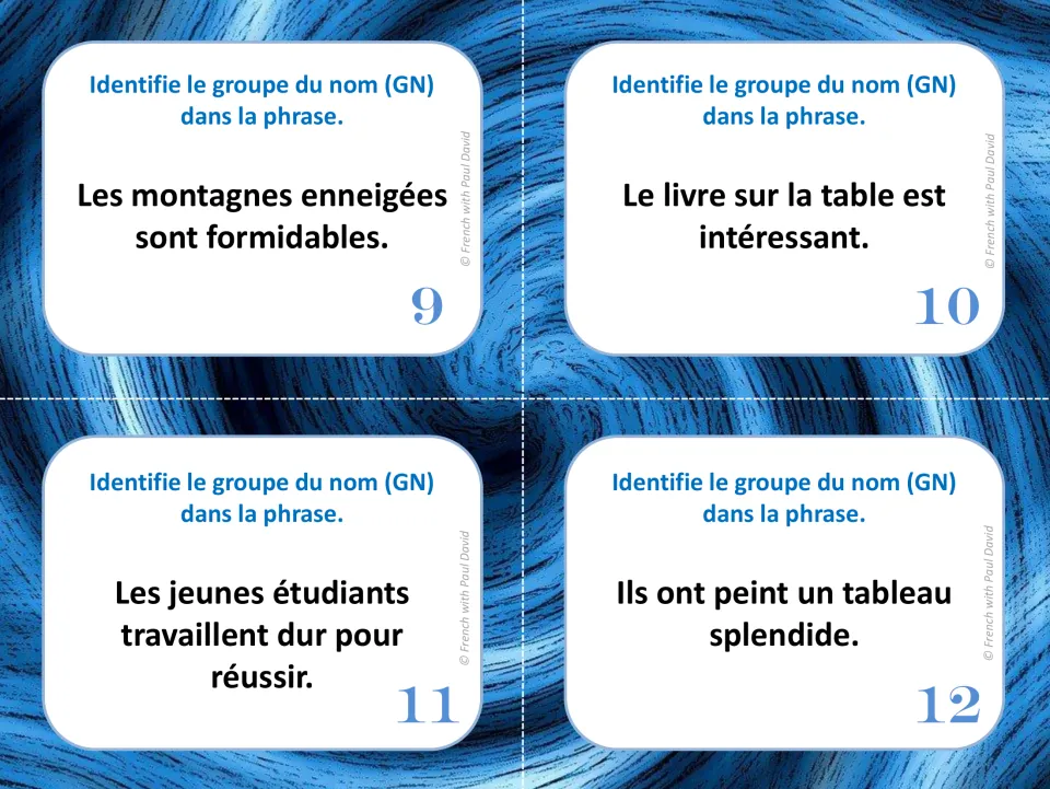 French noun-group task cards 9–12: sentences about snowy mountains, a book, young students, and a painting.