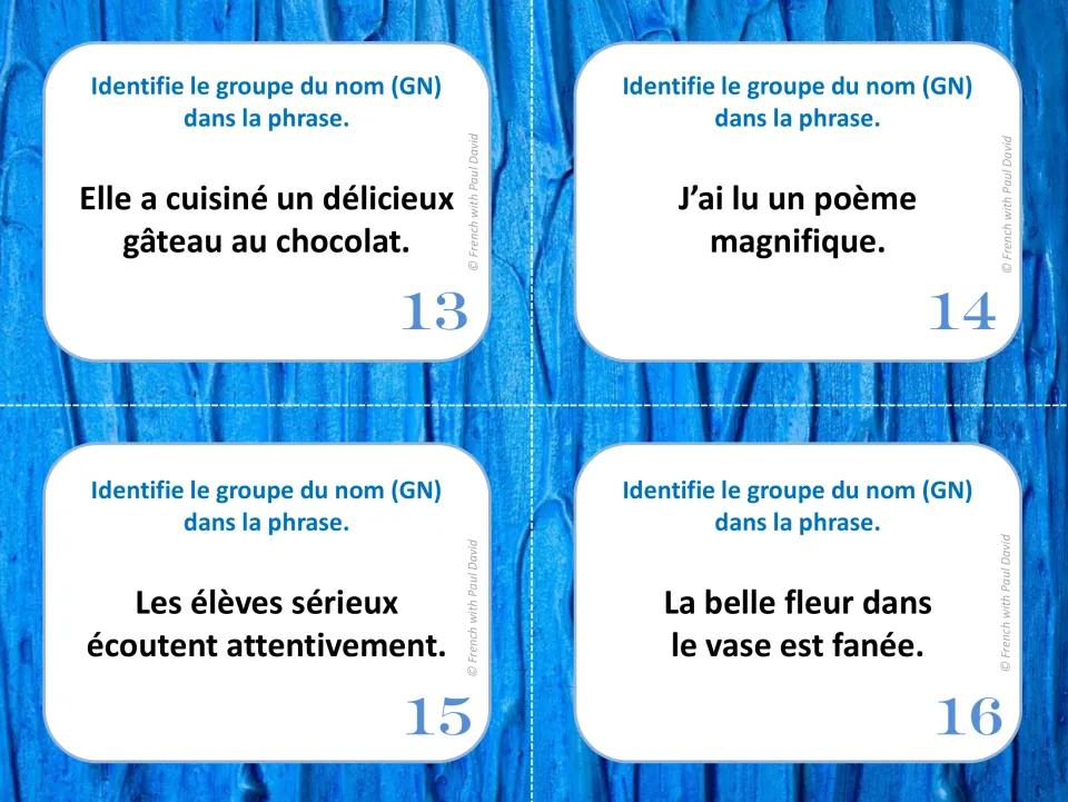 French noun-group task cards 13–16: sentences about chocolate cake, a poem, students, and a wilted flower.