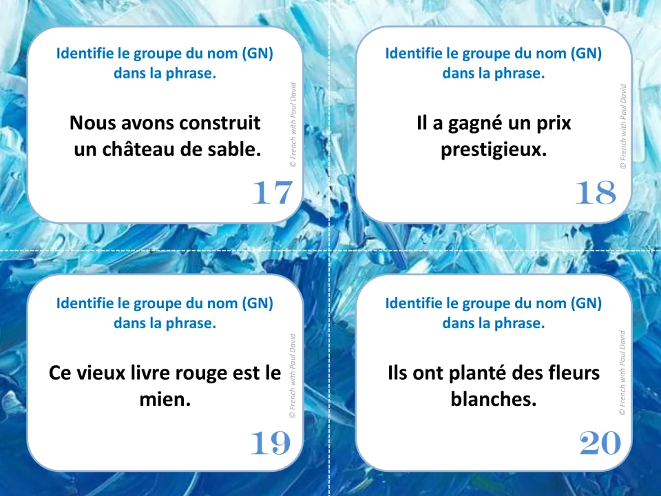 French noun-group task cards 17–20: sentences about a sandcastle, a prestigious prize, a red book, and flowers.