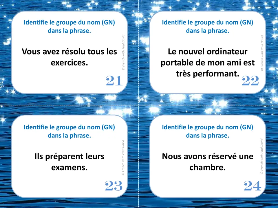 French noun-group task cards 21–24: sentences about completed exercises, a laptop, exams, and a reserved room.