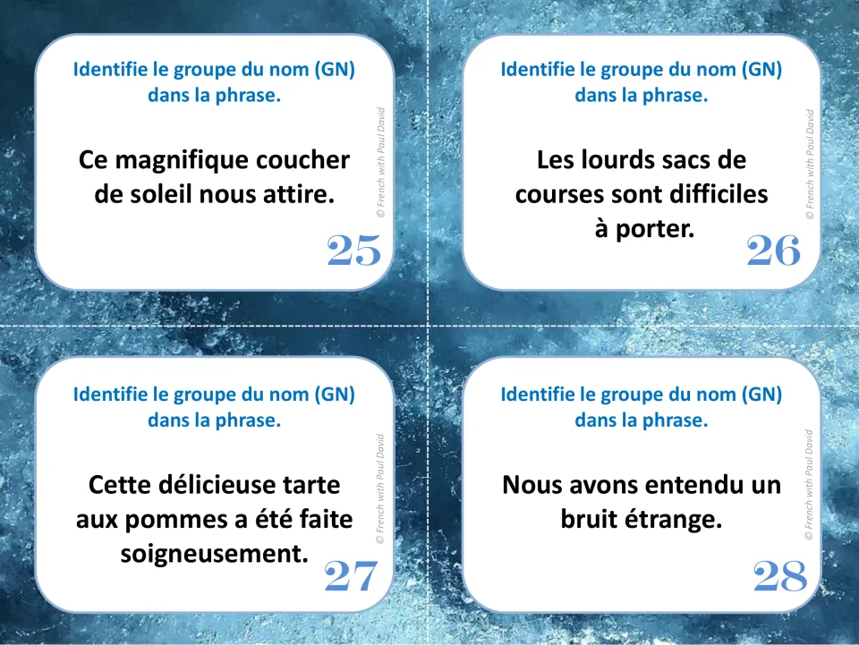 French noun-group task cards 25–28: sentences about a sunset, heavy shopping bags, apple tart, and a strange noise.