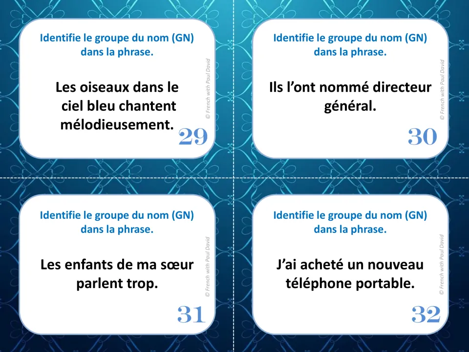 French noun-group task cards 29–32: sentences about singing birds, a director, a sister’s children, and a new phone.