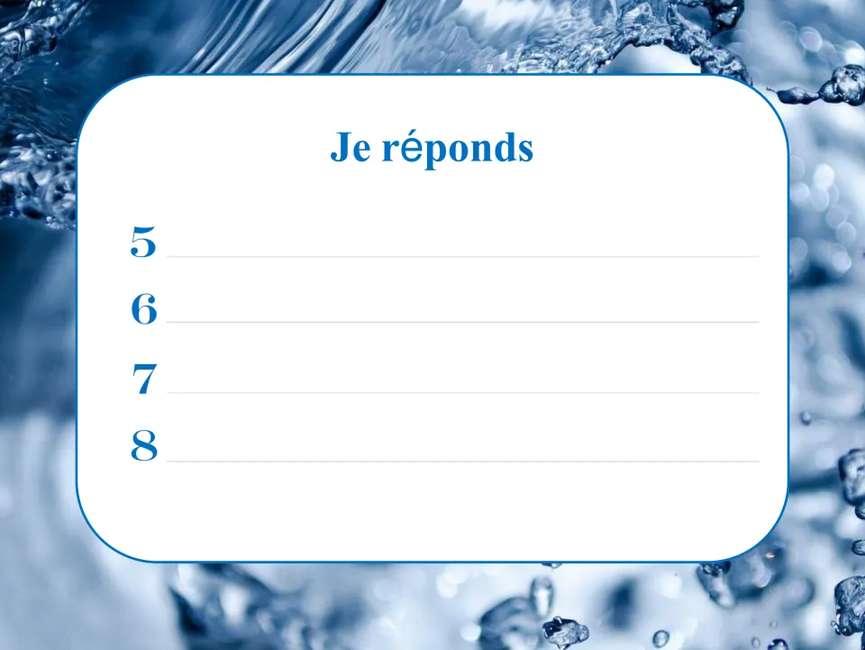 French noun-group response sheet headed “Je réponds” (I answer), with spaces for answers to cards 5–8.