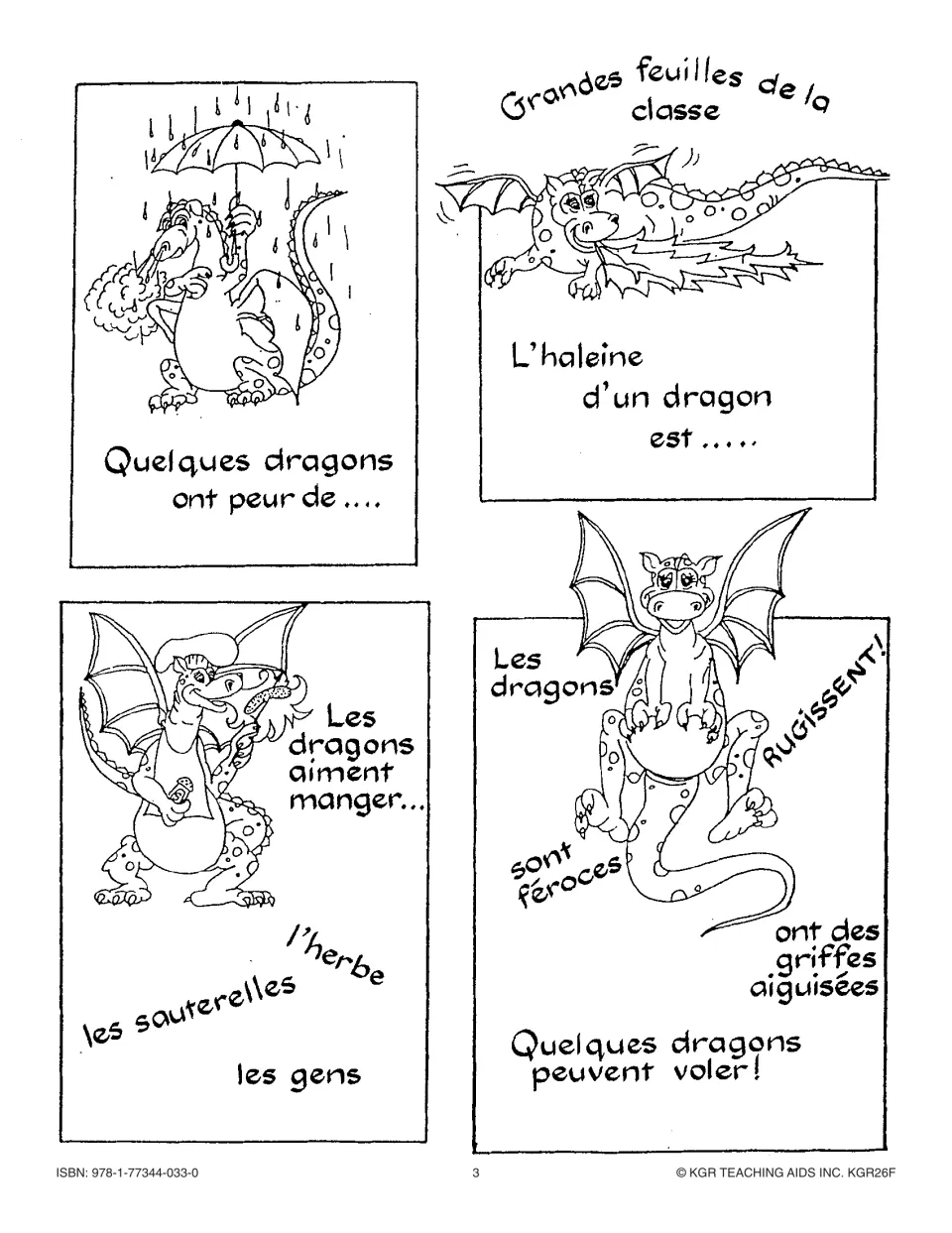 Four class chart starters, including 'Les dragons aiment manger…' (Dragons like to eat…) with sample words