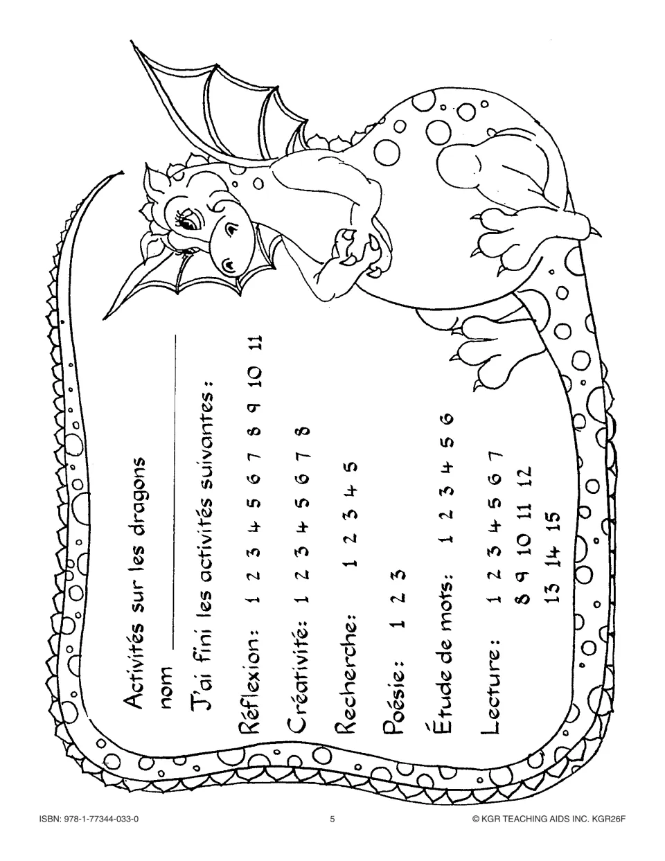 Student tracking sheet 'Activités sur les dragons' for checking off finished activities in each of the six themes